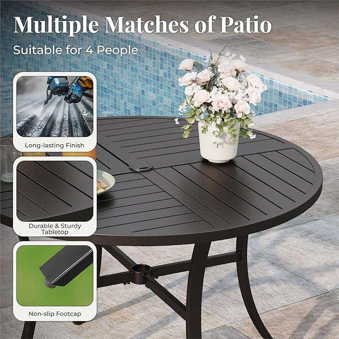 Patio Table and Chairs Set for 4, 5 Pieces Outdoor Dining Set, 4 Red Textilene Chairs and 42" Metal Round Table with Umbrella Hole, for Deck Garden Backyard Lawn Poolside