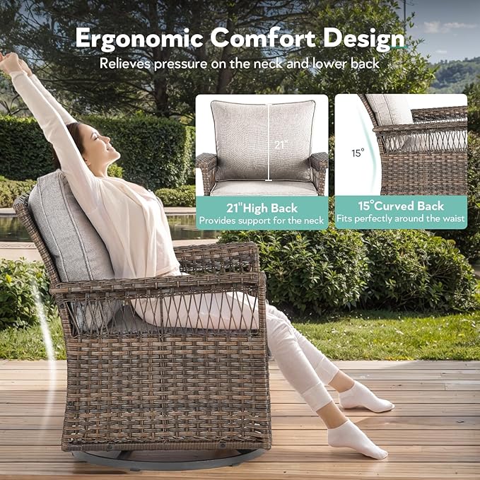 Outdoor Swivel Glider Chairs - 4 Pieces Hollow Widen Armrests Wicker Patio Furniture Set with Ottomans, High Back Outside Swivel Rocker for Balcony Porch Deck and Yard - Brown/Beige