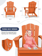 KINGYES Folding Adirondack Chair, HDPE All-Weather Patio Chairs, Wooden Textured Lawn Chair for Poolside, Backyard, Deck, Fire Pit, Orange