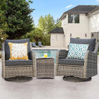 MEISSALIVVE 3 Pieces Patio Furniture Set, Outdoor Swivel Rocker with Washable Cushions & Tempered Glass Tabletop, Outdoor Rattan Conversation Set for Lawn Backyard Porch (Grey)