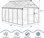 6x10 ft Greenhouse for Outdoors, Polycarbonate Greenhouse with Roof Vent, Ground Nails, Lockable Push Door, Aluminum Large Walk-in Green House for Outside Garden Backyard, Patio, Lawn, Silver