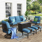 MFSTUDIO 6 Pieces Patio Furniture Sets with 45" Gas Fire Pit Table(Up to 7 Seat),Outdoor Metal Frame Patio Conversation Sofas with 1 x 3-Seat Sofa, 2 Swivel Chairs and 2 Ottoman, Navy Cushion
