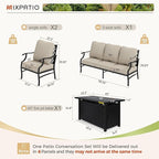 Patio Furniture Set with Firepit Table, 4 Pcs Metal Outdoor Conversation Set, 2 Single Chairs and 3 Seater Sofa with 5.75" Extra Thick Cushion and Gas Fire Pit Table for Backyard Deck, Beige