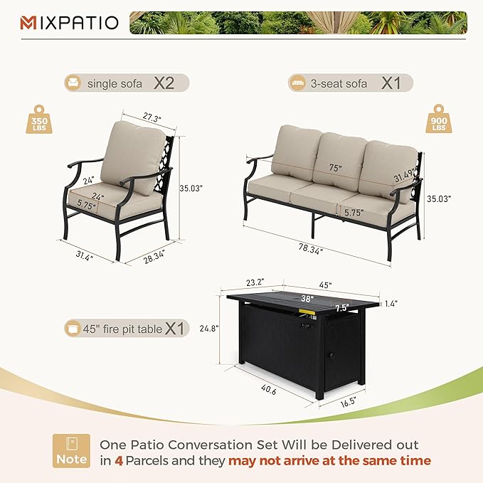 Patio Furniture Set with Firepit Table, 4 Pcs Metal Outdoor Conversation Set, 2 Single Chairs and 3 Seater Sofa with 5.75" Extra Thick Cushion and Gas Fire Pit Table for Backyard Deck, Beige
