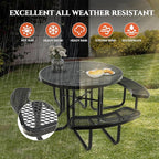 47'' Heavy-Duty Metal Picnic Tables with Umbrella Hole, Outdoor Steel Heavy Duty Commercial Grade Black Table, Outdoor Bench Set for Lawn, Patio, Park, Yard, Garden, Porch (Set A, Round)