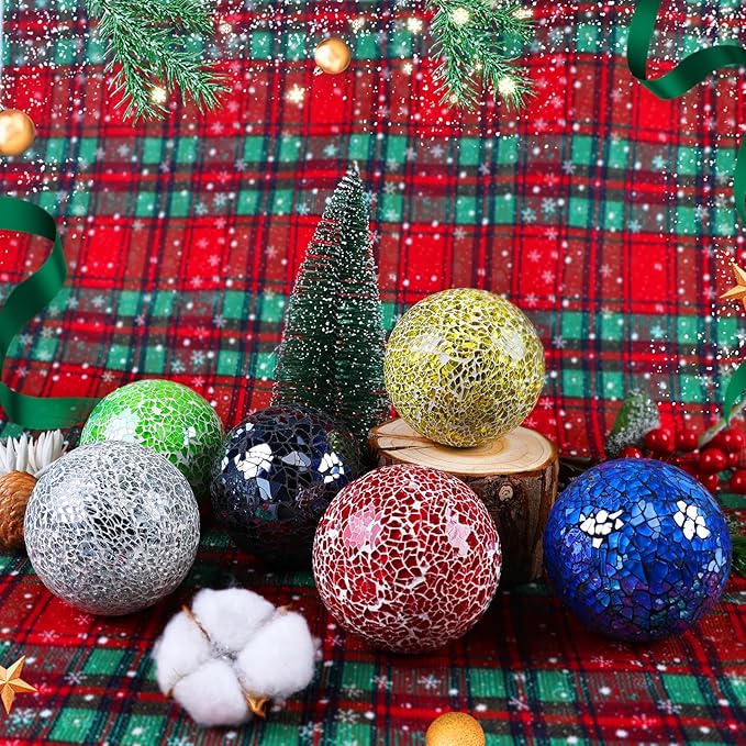 3 Pack Blue Decorative Orbs Mosaic Crack Glass Balls Decor Solid Sphere Globe Bowl Vase Fillers Holiday Living Room Mantle Basket Centerpiece 3.35 Inch