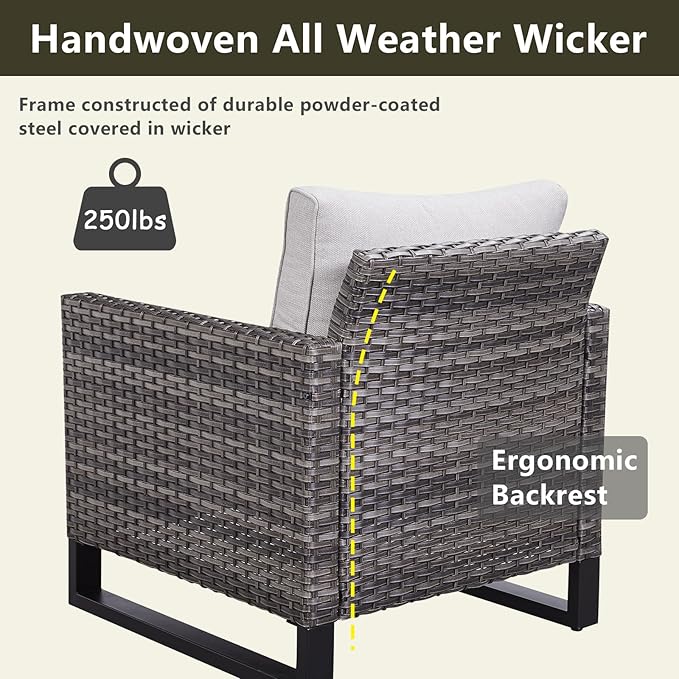Wicker Outdoor Patio Furniture Set - 5 Piece Patio Conversation Set with 2 Wicker Armrest Chairs,2 Rattan Ottoman and 1 Metal Side Table for Outside Porch Deck Backyard Garden(Mixed Grey/Beige)