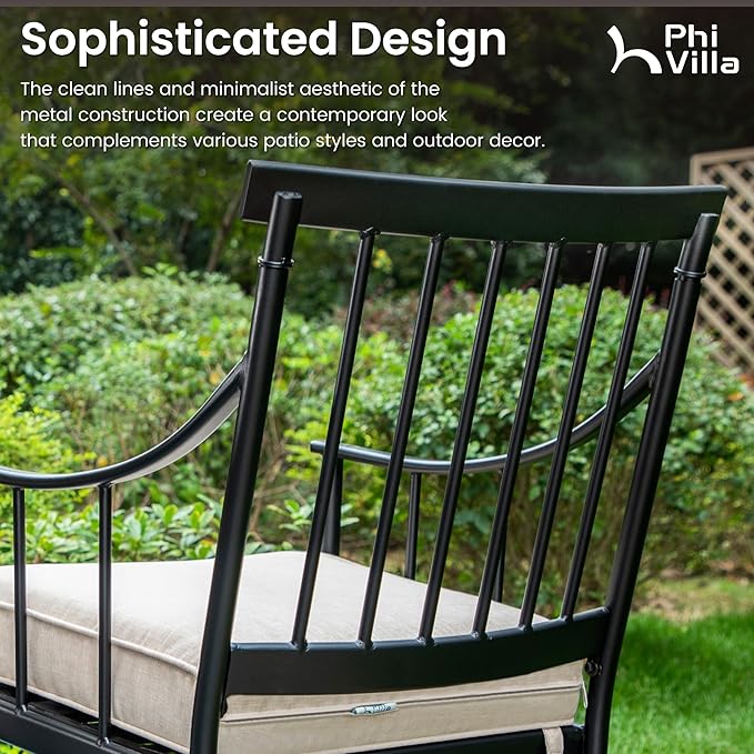 PHI VILLA 7 Pieces Outdoor Dining Set for 6, Black Rectangle Wrought Iron Table with Umbrella Hole & Swivel Metal Chairs with Cushions, Modern Furniture for Patio, Deck, Yard, Porch