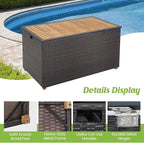 HAPPYGRILL 134 Gallon Rattan Deck Box, Patio Wicker Storage Box with Zippered Liner, Solid Acacia Wood Top & Feet, Effort-Saving Pneumatic Rod, Outdoor Storage Container for Porch Backyard
