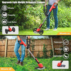 Cordless Weed Wacker Eater Battery Powered, 21V Lightweight Electric Weed Trimmer with 2 Battery Operated & Charger& Wheels & Shears, No-String Grass Trimmer/Brush Cutter/Lawn Edger for Yard Garden