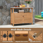 Goplus Patio Storage Cabinet, Outdoor Acacia Wood Buffet Cabinet with Marble-Like Countertop, Open Shelf & 2 Doors, Sideboard Organizer for Outdoor Kitchen, Garden, Backyard