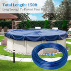 Belleone Swimming Pool Cover Cable and Winch Kit - 150ft Plastic-Coated Steel Pool Cover Wire & Aluminum Spring Loaded Pool Cover Ratchet for Above Ground Swimming Pool Winter Safe (Blue)