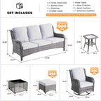 ovios 7 Pieces Patio Furniture Set, Outdoor Wicker Sofa Couch with Swivel Chairs Solar Lights Table, High Back All Weather Modern Conversation Sets, Grey Rattan, Grey