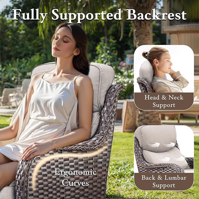 Luxury High Back Outdoor Furniture with 6-inch Extra Thick Cushions, Patio Furniture Set with Swivel Chairs, 7 PCS Wicker Conversation Set for Yard, Deck, Poolside, Brown/Beige