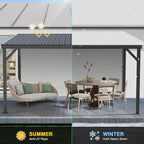 Domi 10’x14’ Lean-to Gazebo, Hardtop Wall-Mounted Gazebo Pergola with Sloping Galvanized Steel Roof and Upgraded Drainage System, Outdoor Permanent Metal Shelters for Patio Backyard Deck, Grey