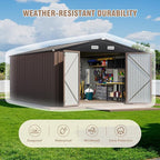Greesum 10×14 FT Outdoor Storage Shed, Metal Storaged Sheds Without Floor, Tool Sheds with Lockable Doors and Sloping Roof for Garden, Patio, Backyard, Brown
