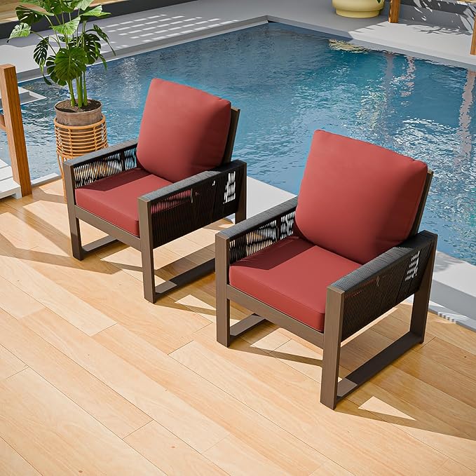 COOS BAY Natural Cedar Wood Patio Chair with Cushions, Durable Outdoor Furniture, Patio Dining Armchair for Deck, Porch, or Garden, 2 Pieces, Brownish/Red