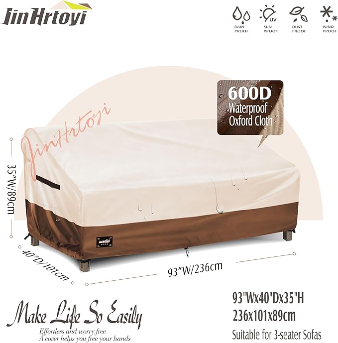 3-seater Outdoor Couch Cover,93"Wx40"Dx35"H Patio Sofa Cover,100% Waterproof Heavy Duty Patio Furniture Covers,Beige&Brown