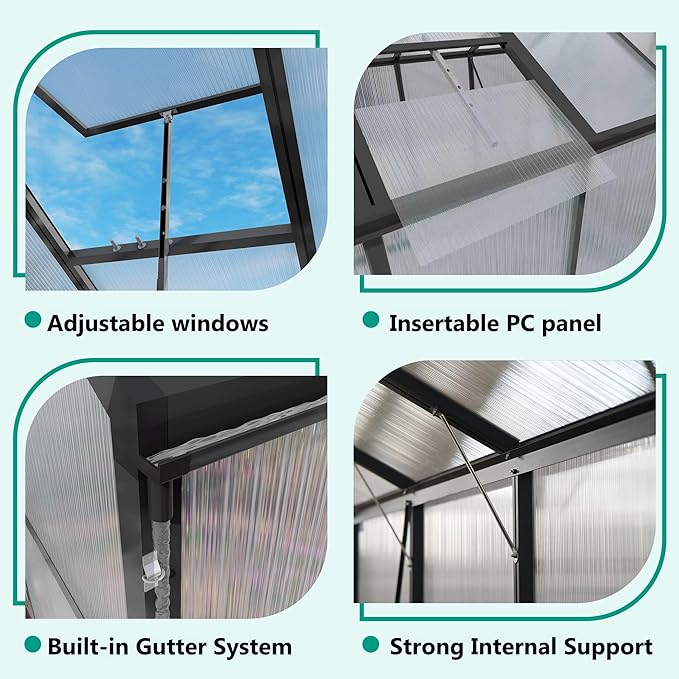 Greenhouse for Outdoors 8x14x7.8FT, Polycarbonate Greenhouse with Stronger Wind Protection and Roof Vent, Walk-in Large Aluminum Sunroom Winter Proof, Black