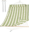 SUNCREAT Portable 2 Person Hammock with Hardwood Spreader Bar, Cotton Rope Outdoor Hammock with Polyester Pad, Green&Beige