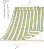 SUNCREAT Portable 2 Person Hammock with Hardwood Spreader Bar, Cotton Rope Outdoor Hammock with Polyester Pad, Green&Beige