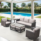 7 Piece Wicker Patio Furniture Set - Outdoor Swivel Rocker Chairs Set with Coffee Table, Side Table, 3 Seat Sofa & Ottomans, Small Patio Conversation Sets for Balcony Deck - Brown/Beige
