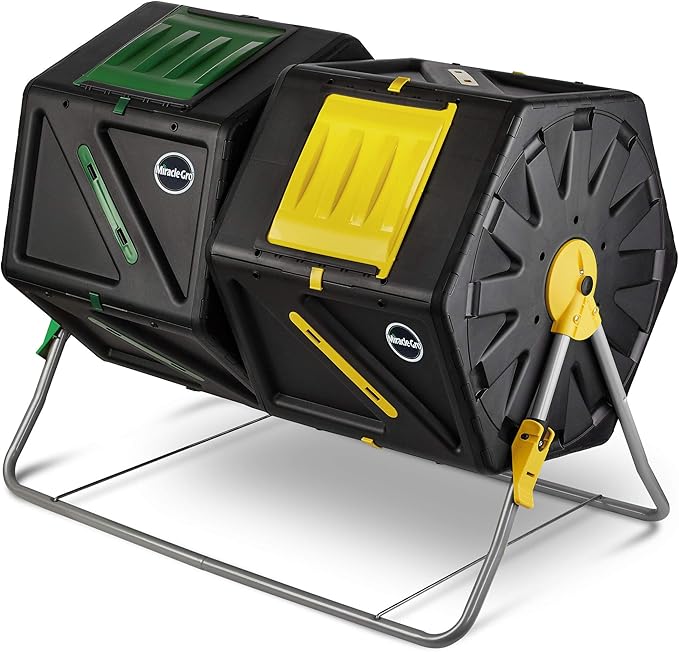 Miracle-Gro Large Dual Chamber Compost Tumbler – Easy-Turn, Fast-Working System – All-Season, Heavy-Duty, High Volume Composter with 2 Sliding Doors - (2 – 27.7gallon /105 Liter)