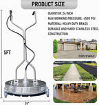 Hourleey 24" Pressure Washer Surface Cleaner with Dual Handles, Stainless Steel Surface Cleaner with 4 Wheels for Driveways, Pathway, Sidewalks, Patios, Decks, 4500 PSI with 3/8" Quick Connector Kit