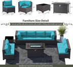 Outdoor Patio Furniture Sets with Propane Fire Pit Table, 10 Pieces Outdoor Furniture Patio Sectional Sofa Conversation Sets w/ETL Approved 43" Gas Outdoor Fire Table & Coffee Table (Turquoise)
