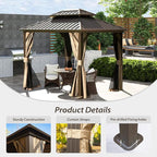 Domi 8’ X 8’ Hardtop Gazebo Canopy with Netting & Curtains, Outdoor Gazebo with Galvanized Steel Double Roof for Patio Lawn and Garden, Brown