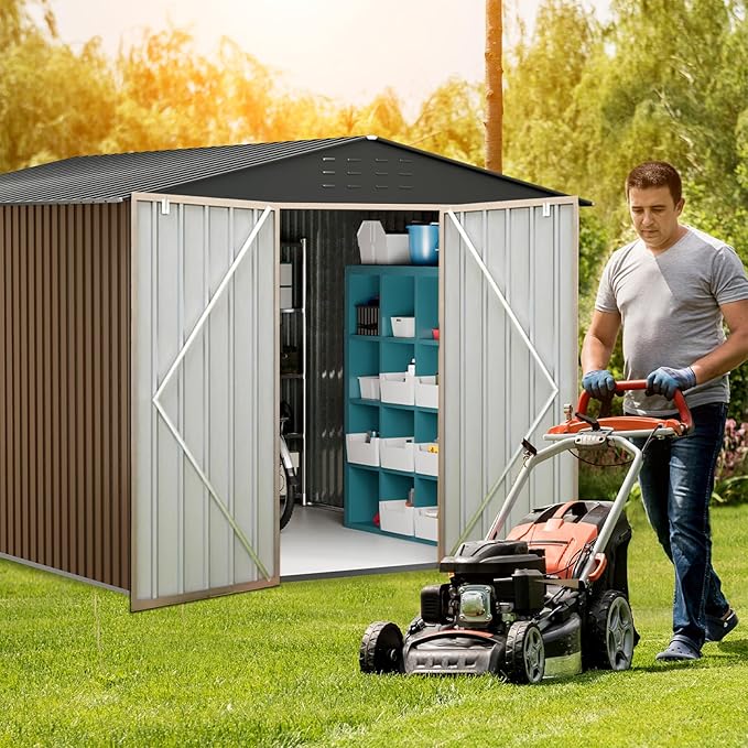 10x10 FT Outdoor Metal Storage Shed, Large Metal Storage Sheds with Sturdy Frame Structure, Garden Tool Shed with Lockable Door for Garden, Lawn, Backyard, Brown