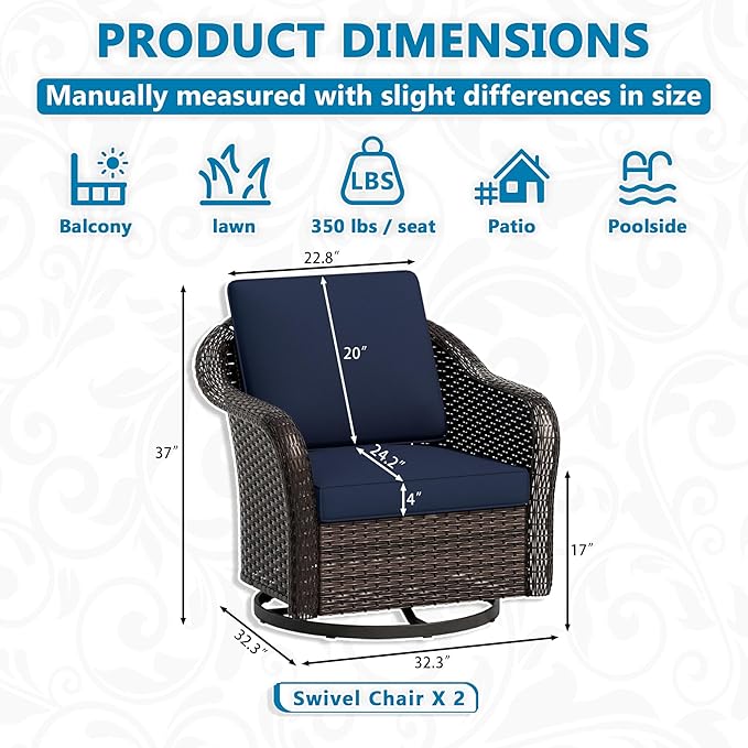 Vista Vibe Outdoor Patio 360 Degree Swivel Glider Rocker Chairs Set of 2, Washable Cushions, All-Weather & Steel Frame & Deep Seat Chairs, Balcony, Yard (Navy)