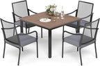 HERA'S HOUSE Metal Patio Table and Chairs Set for 4, Outdoor Dining Set 5 Pieces, 42" Square Faux Wood-Grain Table with Armrest Chairs for Garden Backyard with 1.57" Umbrella Hole