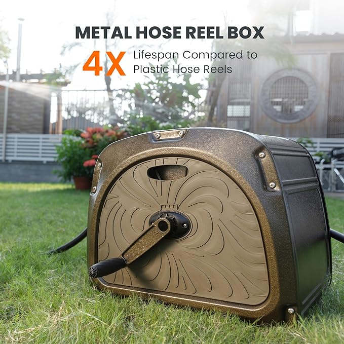Giraffe Tools SW5-100ft Metal Hose Reel Box, 100 ft Rubber Hose Garden Hose Storage Heavy Duty Reel Hideaway, Crank Handle, 100ft 5/8" Hose, Green