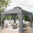 EAGLE PEAK 10x10 Patio Gazebo with Mesh Netting, Double Roof Outdoor Pavilion with Corner Shelves for Lawn, Deck, Garden and Backyard, Gray