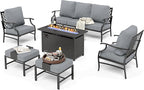 HERA'S HOUSE 6 Pieces Patio Furniture Set with Fire Pit Table, 2 x Single Chair, 2 x Ottoman, 3-Seat Sofa with 45" Fire Pit Table, Outdoor Conversation Set for Garden Poolside Backyard, Grey