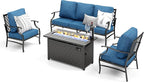 Patio Furniture Set, 4 Pcs Metal Outdoor Conversation Set, 2 Single Chairs and 3 Seater Sofa with 5.75" Extra Thick Cushion and Gas Fire Pit Table for Backyard Deck, Gemstone Blue