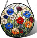 Stained Glass Suncatcher, Colorful Flowers Green Leaf Sun Catcher Landscape Stain Glass Window Hanging Decoration Mother's Day Birthday Gifts for Women Men Mom Nana 6.3 in