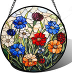 Stained Glass Suncatcher, Colorful Flowers Green Leaf Sun Catcher Landscape Stain Glass Window Hanging Decoration Mother's Day Birthday Gifts for Women Men Mom Nana 6.3 in