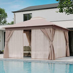 LAUSAINT HOME Outdoor Patio Gazebo 12'x12' with Expansion Bolts, Heavy Duty Party Tent & Shelter with Double Roofs, Mosquito Nettings and Privacy Screens for Backyard, Garden, Lawn, Champagne Khaki