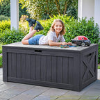 Flamaker Resin Deck Box 120 Gallon Waterproof Large Outdoor Indoor Storage Box Imitation Wood Resin for Patio Furniture Garden Tools and Pool (Gray)