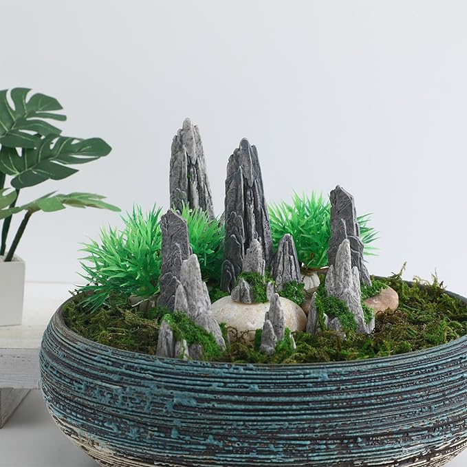 8pcs Miniature Bonsai Rockery Decor, Resin Fake Mountain Figurines, Garden Terrarium Accessories for Desktop and Micro Landscape