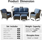 HOOOWOOO Patio Furniture Set,5 Piece Outdoor Furniture Set,Wicker Patio Conversation Couch Chairs Ottoman Set,Denim Blue