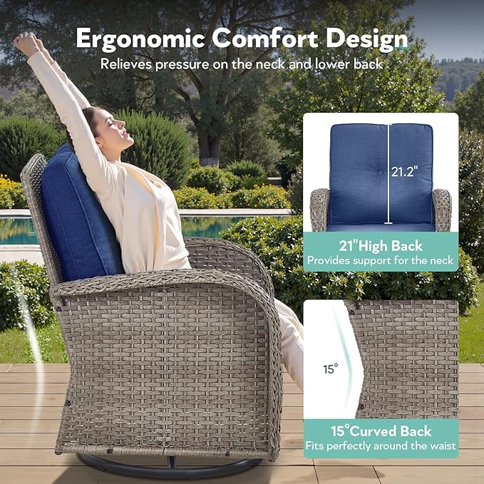 5 Piece Patio Furniture Set with Fire Pit Table - Wicker Patio Conversation Set with Swivel Glider, Glider Loveseat, Tempered Glass Side Table for Deck Backyard - Grey Wicker Blue Cushion