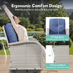Outdoor Swivel Glider Rocker Chairs - 3 Piece Wicker Patio Furniture Set, All Weather Patio Bistro Set with Glass Side Table for Balcony Porch Deck Backyard - Light Beige Wicker Blue Cushion
