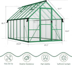 CABIHOME 8x12 FT Outdoor Greenhouse, Polycarbonate Greenhouse with Roof Vent and Ground Nails, Aluminum Large Walk-in Green House w/ Lockable Push Door for Outside Garden Backyard (Green, 8x12 FT)