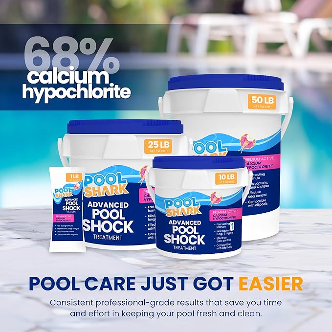 Pool Shark 68% Calcium Hypochlorite Pool Shock for Swimming Pools - 24 Pack Chlorine Granules - 1 lb Bags Pool Chlorine Shock Treatment for Inground & Above Ground Pools - Fast-Dissolving Chlorine