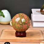 JIC Gem Natural Unakite Crystal Sphere Rock Quartz Crystal Ball with Wood Stand Healing Meditation Energy Decoation Ball (70-80mm)