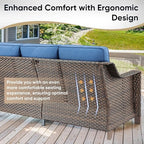 5 Pieces Wicker Patio Furniture Set-Outdoor High Back Sofa with Rattan Wicker Chairs Outdoor Furniture for Porch Garden Backyard Poolside-Brown/Blue