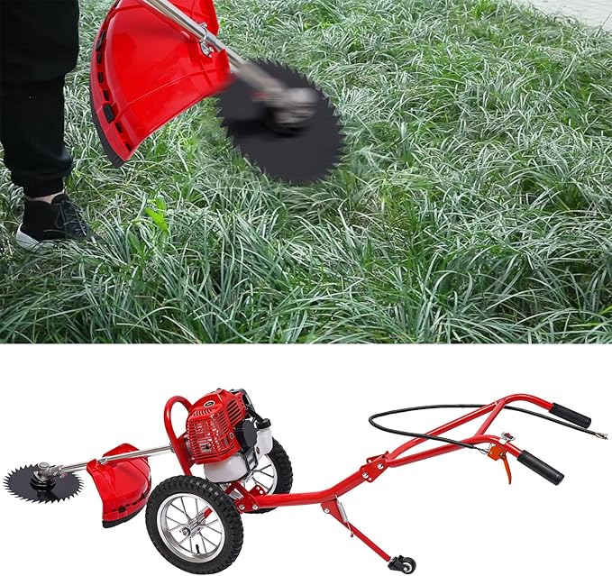 2-Stroke Hand Push Lawn Mower Gas Powered with Wheels,1.8KW 49CC Single-Cylinder Gasoline Engine Grass Trimmer Lawn Mower,Height Adjustable and Rear Wheels Foldable,6500-7000r/Min